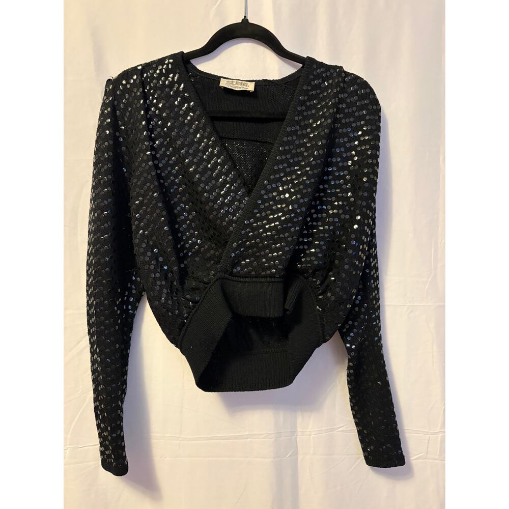 Vintage St. John Faux Wrap  Sweater Black Sequin Cropped Sz S